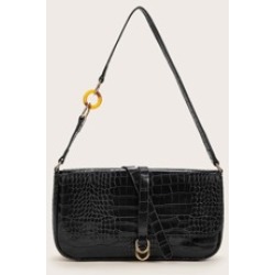 Metal Ring Detail Croc Flap Tote Bag