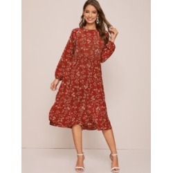 Ditsy Floral Print Ruffle Hem Smock Dress