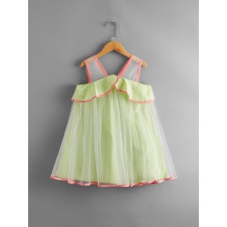 Girls Contrast Binding Ruffle Trim Mesh Overlay Dress