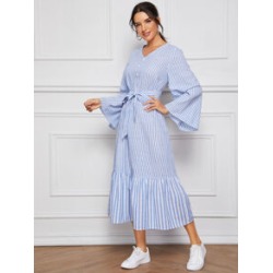 Striped Print Flippy Hem Belted Hijab Dress