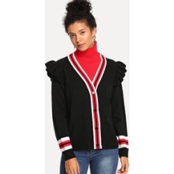 High Neck Ruffle Striped Sweater