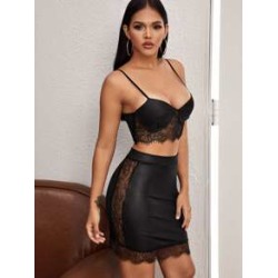 Lace Insert Crop Cami Top & Zip Back Skirt Set