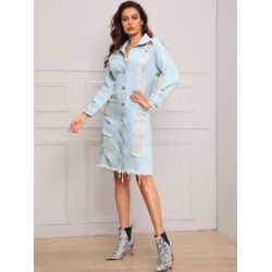 Ripped Raw Hem Button Denim Dress