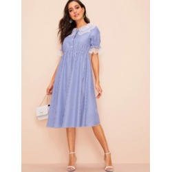 Organza Detail Buttoned Front Striped Hijab Dress