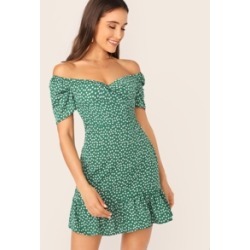 Off Shoulder Wrap Front Ruffle Hem Ditsy Floral Dress