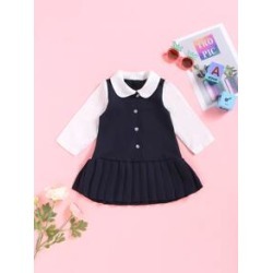 Baby Girl Contrast Panel Pleated Hem Shirt Dress