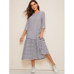 Pocket Front Ruffle Hem Striped Hijab Dress