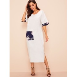 Floral Print Pocket Patched Split Hijab Dress