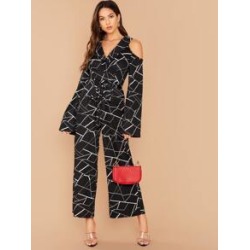 Shawl Collar Cold Shoulder Wide Leg Geo Print Jumpsuit