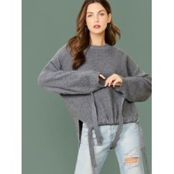 Crew Neck Tie Hem And Sleeve Pullover Sweater