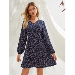 V-Neck Floral Print A Line Dress