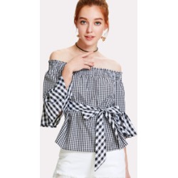Bardot Tie Front Gingham Top