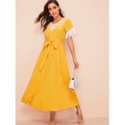 Fringe Cuff Lace Insert Belted Hijab Dress