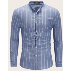 Men Stand Collar Striped Shirt