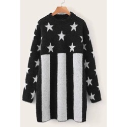 Star & Striped Pattern Fluffy Knit Sweater