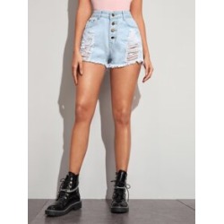 Ripped Raw Hem Button Fly Denim Shorts