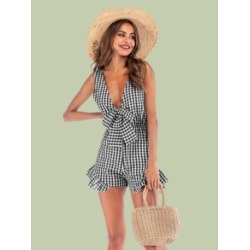Gingham Tie Front Ruffle Hem Playsuit