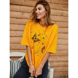 Butterfly & Planet Print Oversized Tee