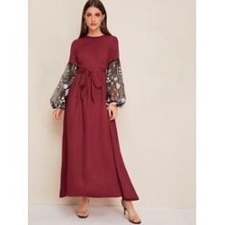 Embroidered Mesh Bishop Sleeve Belted Hijab Dress