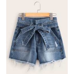 Bleached Wash Raw Hem Belted Denim Shorts