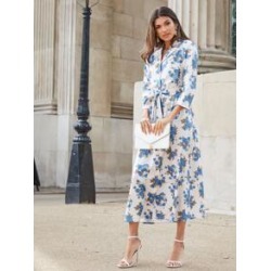 Floral Print Notch Collar Self Belted Shirt Dress