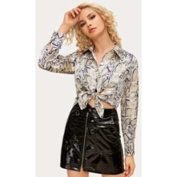 Snakeskin Print Button Up High Low Blouse