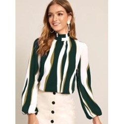 Frill Neck Lantern Sleeve Colorblock Top