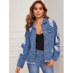 Raw Hem Ripped Detail Denim Jacket