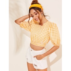 Bishop Sleeve Tie Back Gingham Top