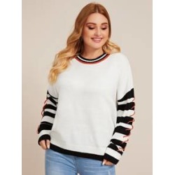 Plus Whipstitch Detail Striped Sweater