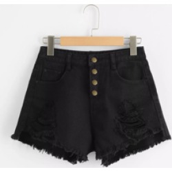 Ripped Raw Hem Button Fly Denim Shorts