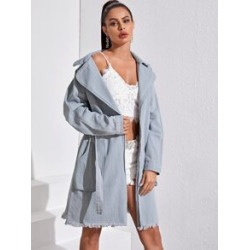 Raw Hem Raglan Sleeve Wrap Belted Denim Coat