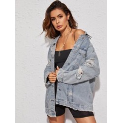 Light Wash Raw Hem Ripped Longline Denim Jacket