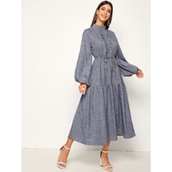 Frill Trim Lantern Sleeve Knotted Hijab Dress
