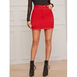Red Wash Distressed Raw Hem Denim Skirt