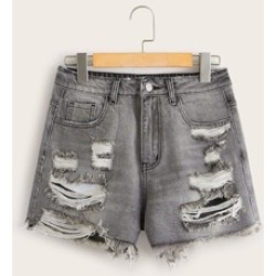 Raw Hem Ripped Detail Denim Shorts