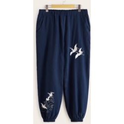 Plus Crane Embroidery Carrot Pants