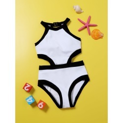 Girls Contrast Binding Cut-out One Piece Swimsuit