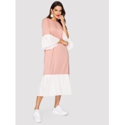 Color-block Pleated Ruffle Hijab Dress