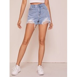 Bleached Wash Raw Hem Ripped Denim Shorts