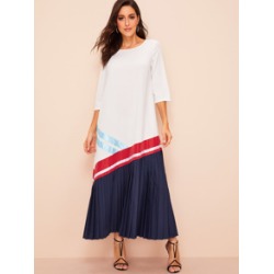 Colorblock Pleated Hem Hijab Dress