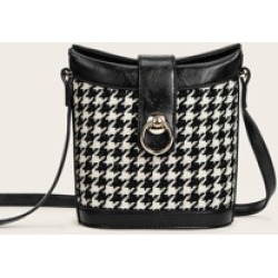 Metal Ring Detail Houndstooth Crossbody Bag