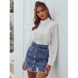 Ripped Raw Hem Button Up Denim Skirt