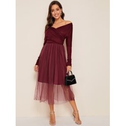 Off Shoulder Wrap Front Mesh Overlay Dress