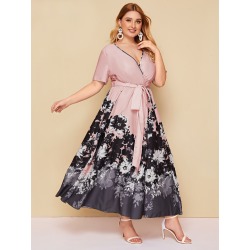 Plus Contrast Binding Surplice Neck Belted Flare Dress