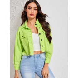 Green Wash Raw Hem Crop Denim Jacket