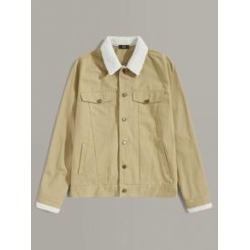 Men Fleece Collar Button Up Overshirt
