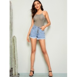 Raw Hem Button Fly Stitch Detail Denim Shorts