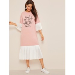 Slogan Print Pleated Ruffle Hijab Dress