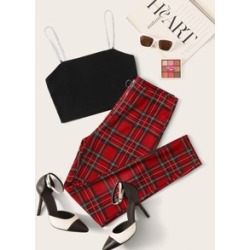 Crop Chain Strap Cami Top & Zip Fly Tartan Leggings Set